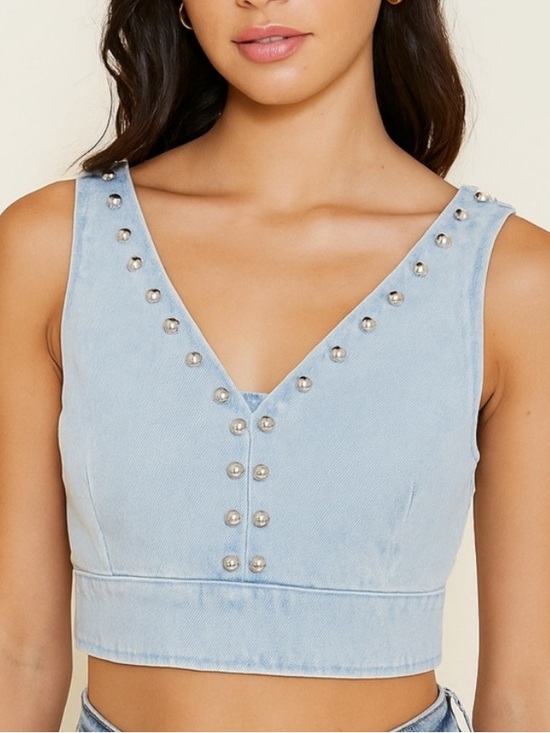 House of Harlow 1960 Tops - House of Harlow 1960 Light Blue Denim Studded V-Neck Crop Top
